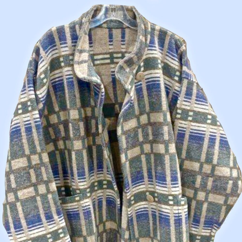 Vintage Wool Blanket Coat Jacket Lynn Pullman Blue Plaid M Pendleton Bode STYLE